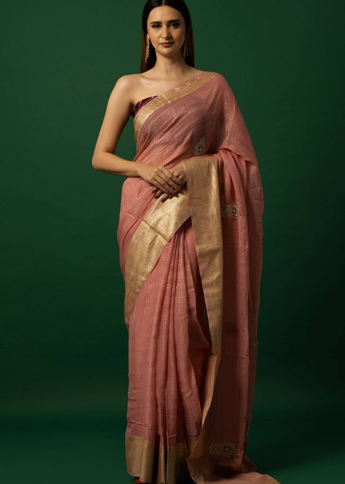 Traditional Light Pink Organza Saree with Handcrafted Gold Border