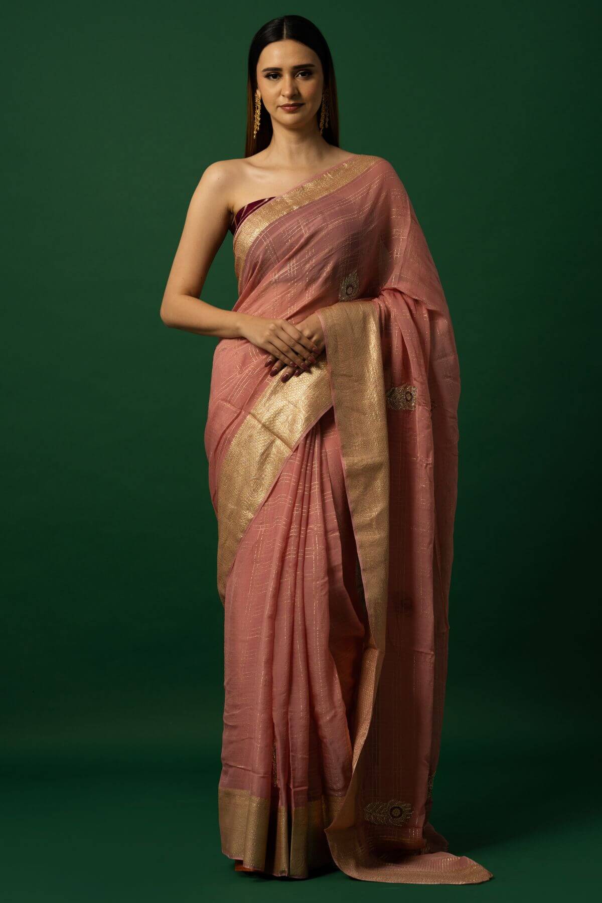 Traditional Light Pink Organza Saree with Handcrafted Gold Border