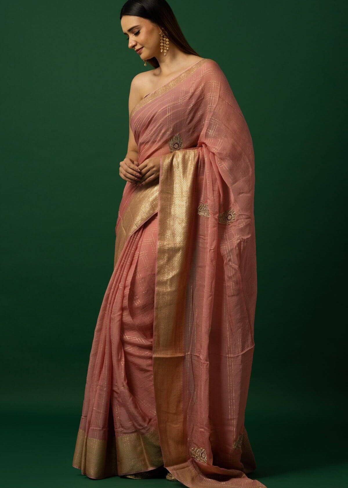 Women’s Light Pink Organza Saree with Gold Embroidery Detailing