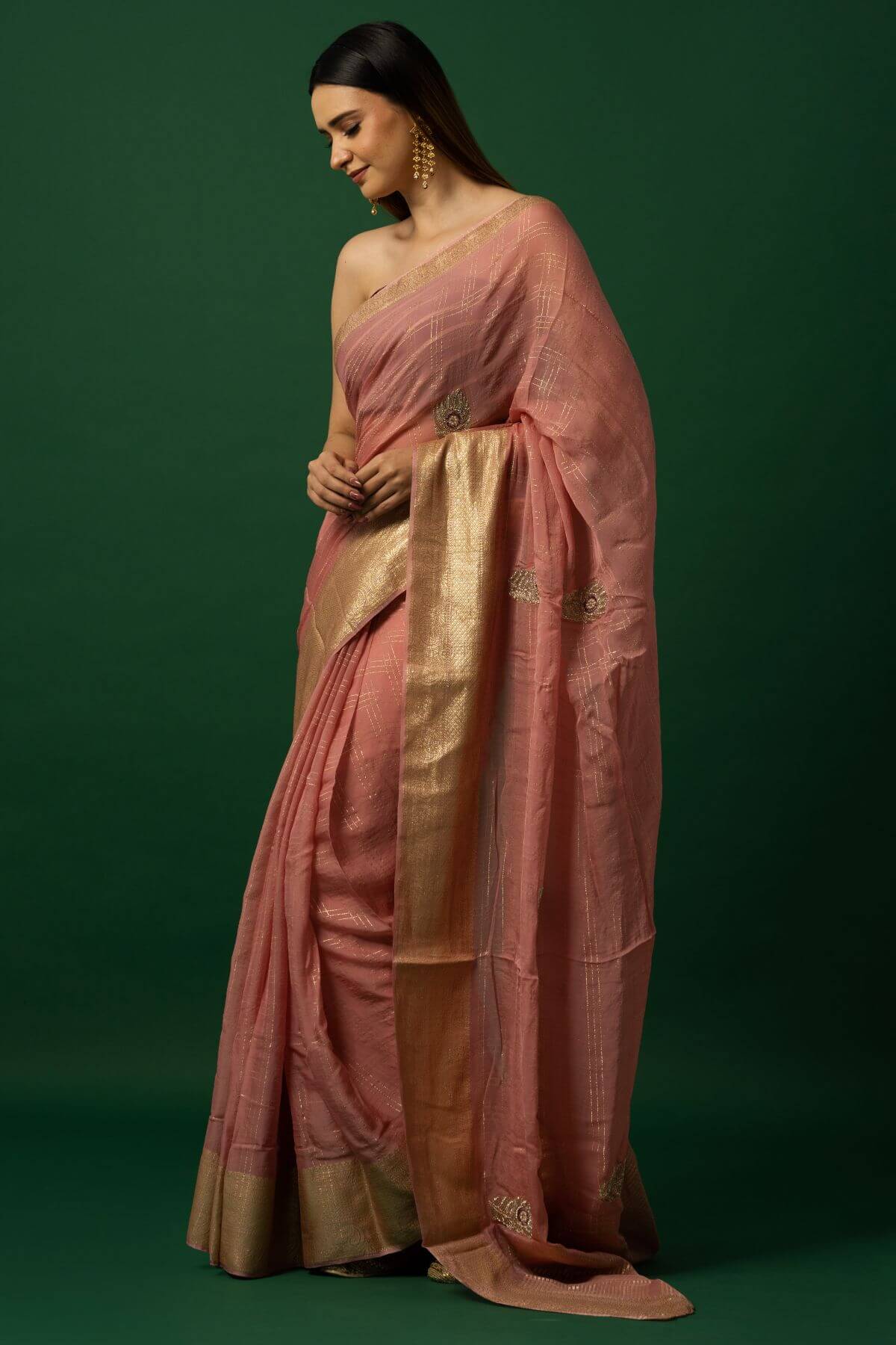 Women’s Light Pink Organza Saree with Gold Embroidery Detailing