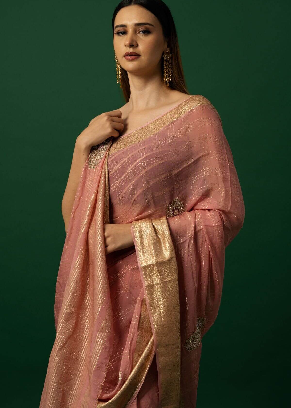 Light Pink Hand-Embroidered Organza Saree - Image 3