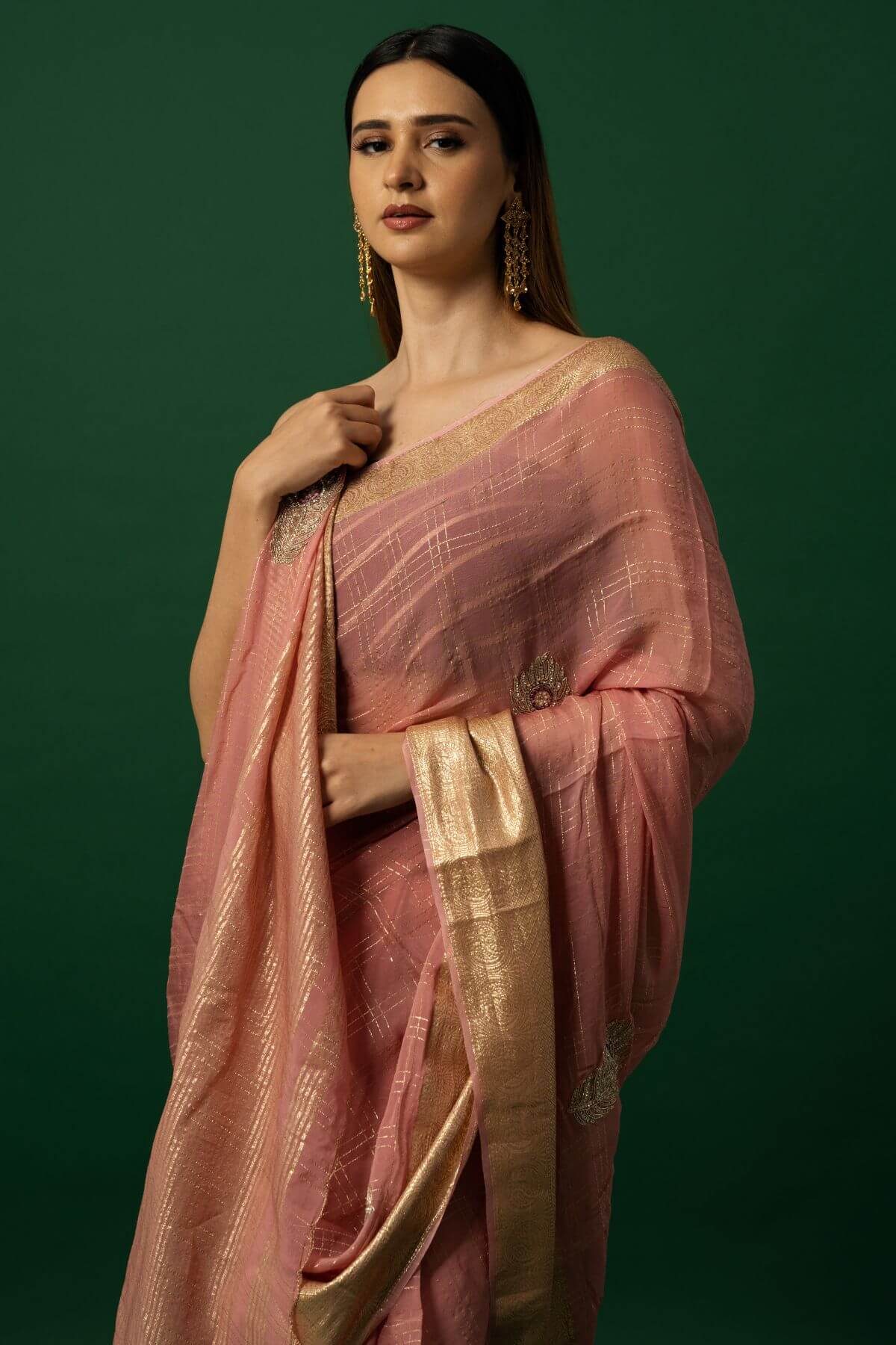 Elegant Light Pink Organza Saree with Gold Zari Embroidery Border