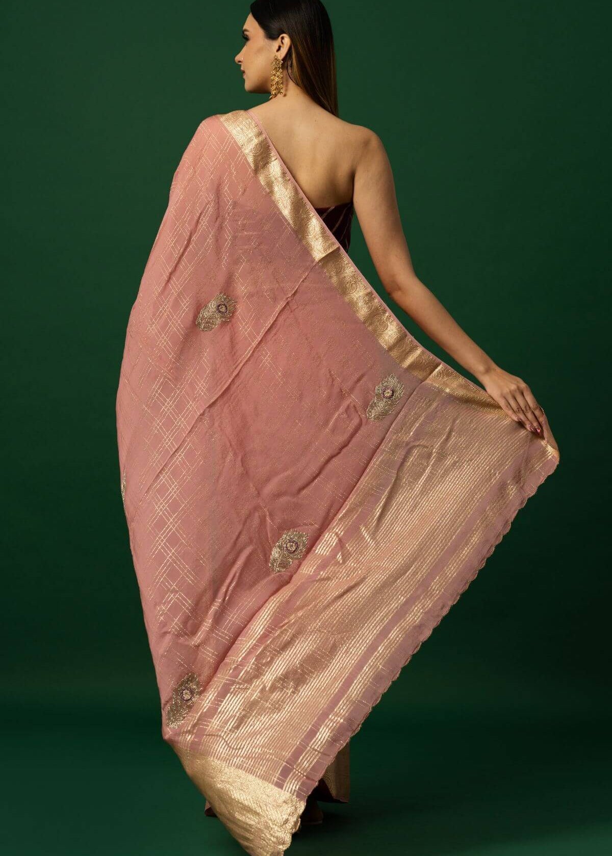 Light Pink Hand-Embroidered Organza Saree - Image 4