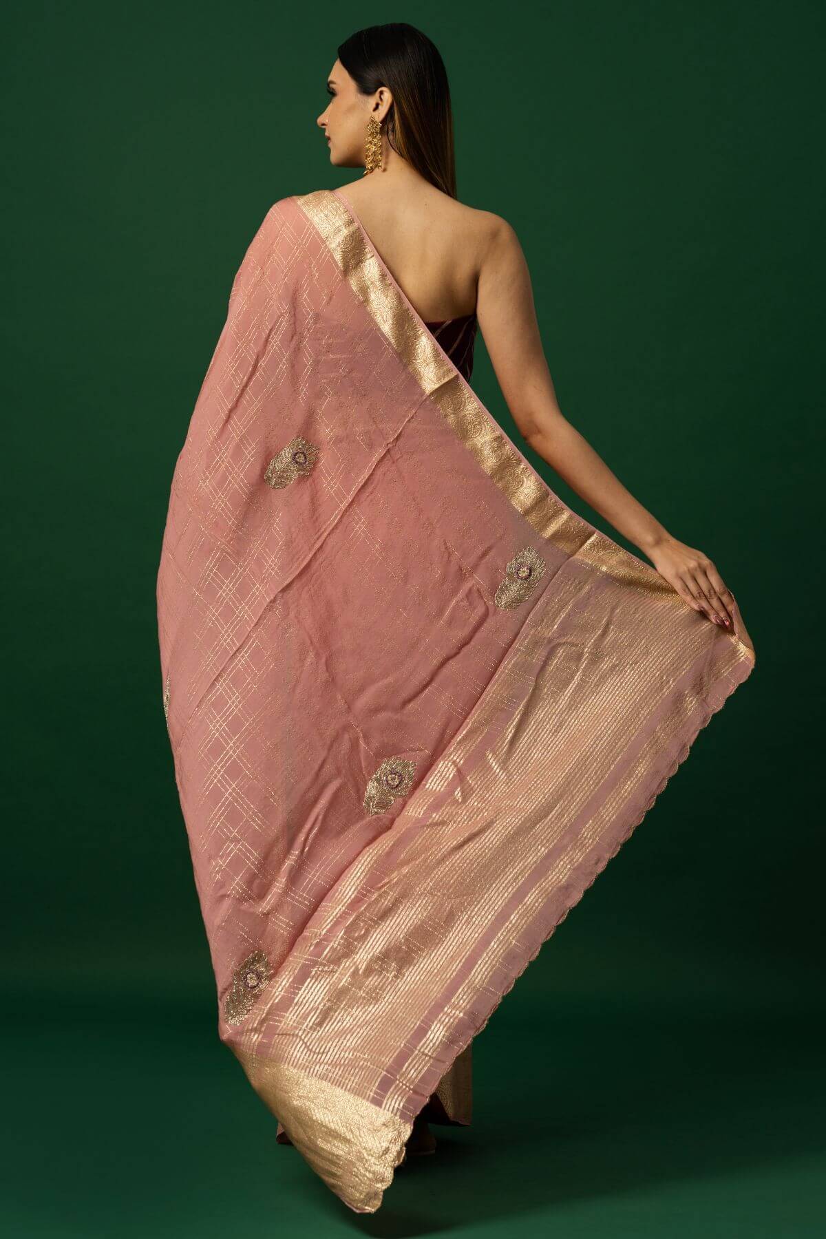 Light Pink Organza Saree with Gold Embroidery Border for Women