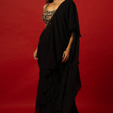 Black Ruffle Saree with Hand Embroidered Stitched Blouse