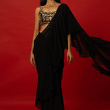 Black Ruffle Saree with Hand Embroidered Stitched Blouse