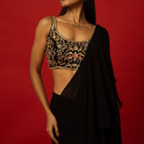 Black Ruffle Saree with Hand Embroidered Stitched Blouse