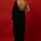 Black Ruffle Saree with Hand Embroidered Stitched Blouse