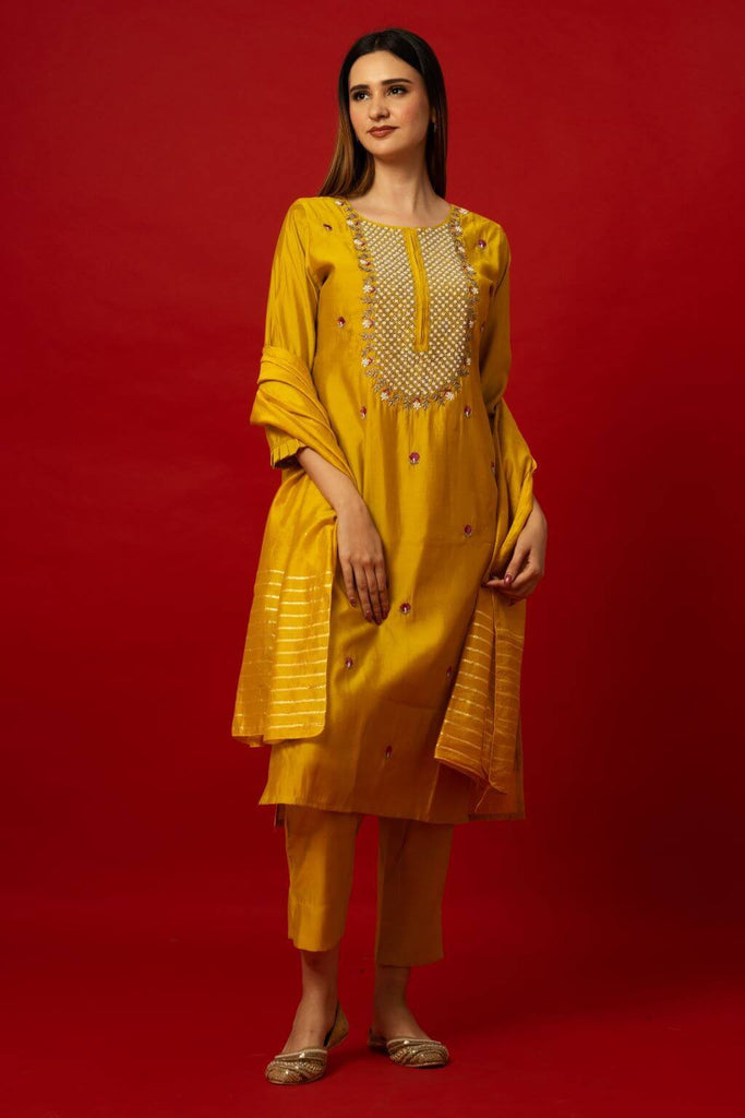 Yellow Silk Kurti Set with Pearl Embroidery Work