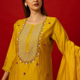 Yellow Silk Kurti Set with Pearl Embroidery Work