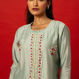 Light Blue Embroidery Work Silk Kurti Set