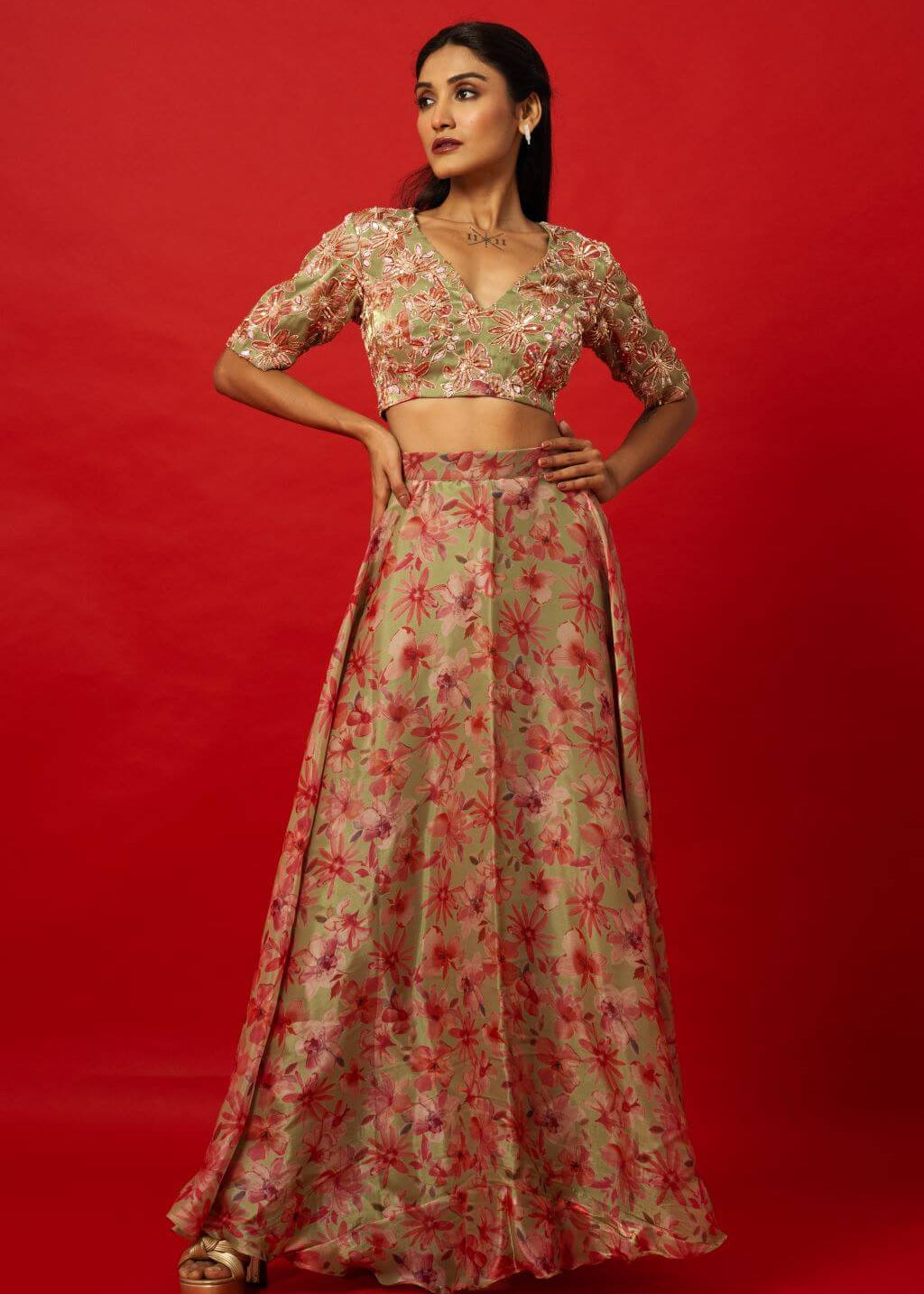 Green Floral Print Lehenga Set with Intricate Zardozi Embroidery Work Top