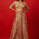 Green Floral Print Lehenga Set with Intricate Zardozi Embroidery Work Top