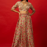 Green Floral Print Lehenga Set with Intricate Zardozi Embroidery Work Top