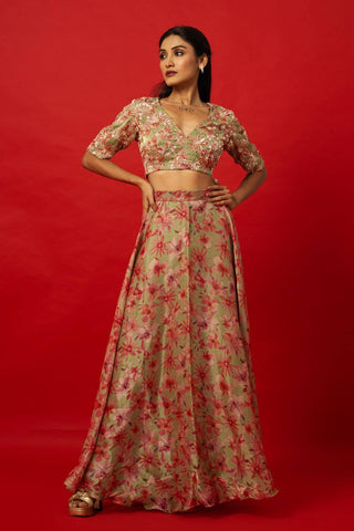 Green Floral Print Lehenga Set with Intricate Zardozi Embroidery Work Top