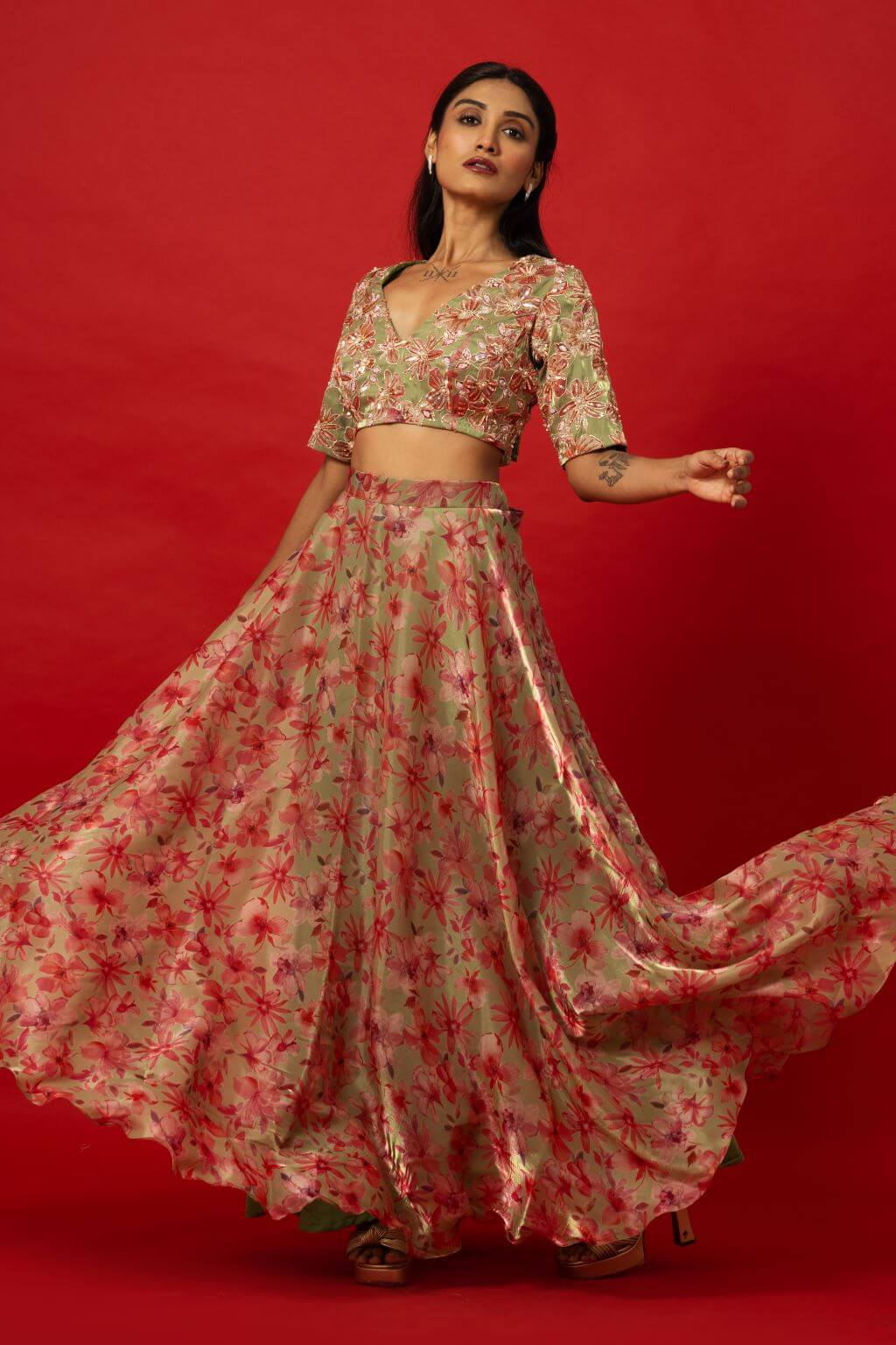 Green Floral Print Lehenga Set with Intricate Zardozi Embroidery Work Top