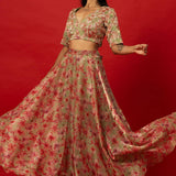 Green Floral Print Lehenga Set with Intricate Zardozi Embroidery Work Top