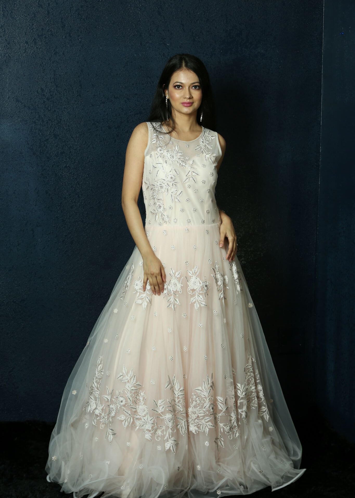 Light Pink Gown on Net with Swarovski embroidery work