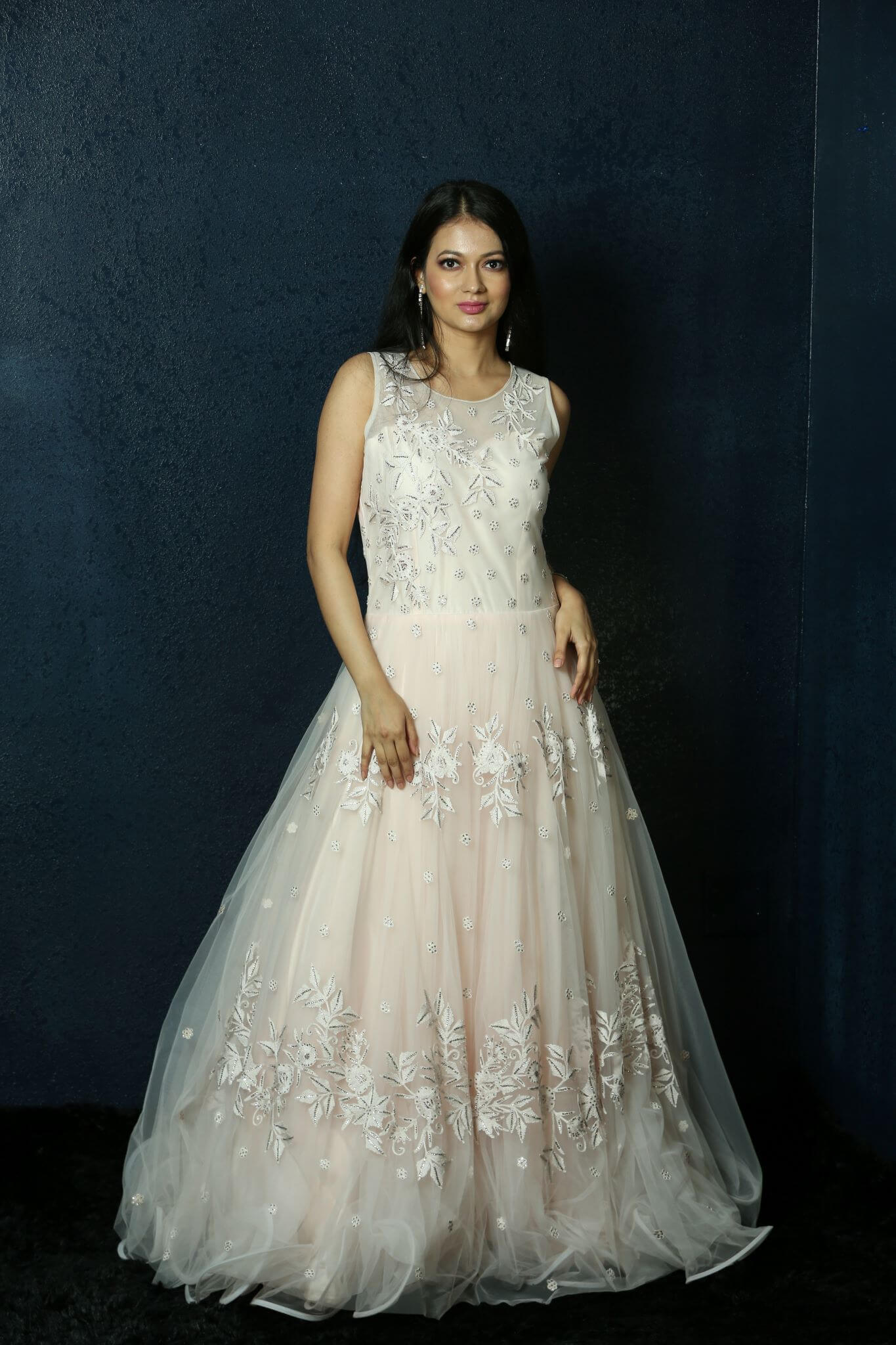 Light Pink Gown on Net with Swarovski embroidery work