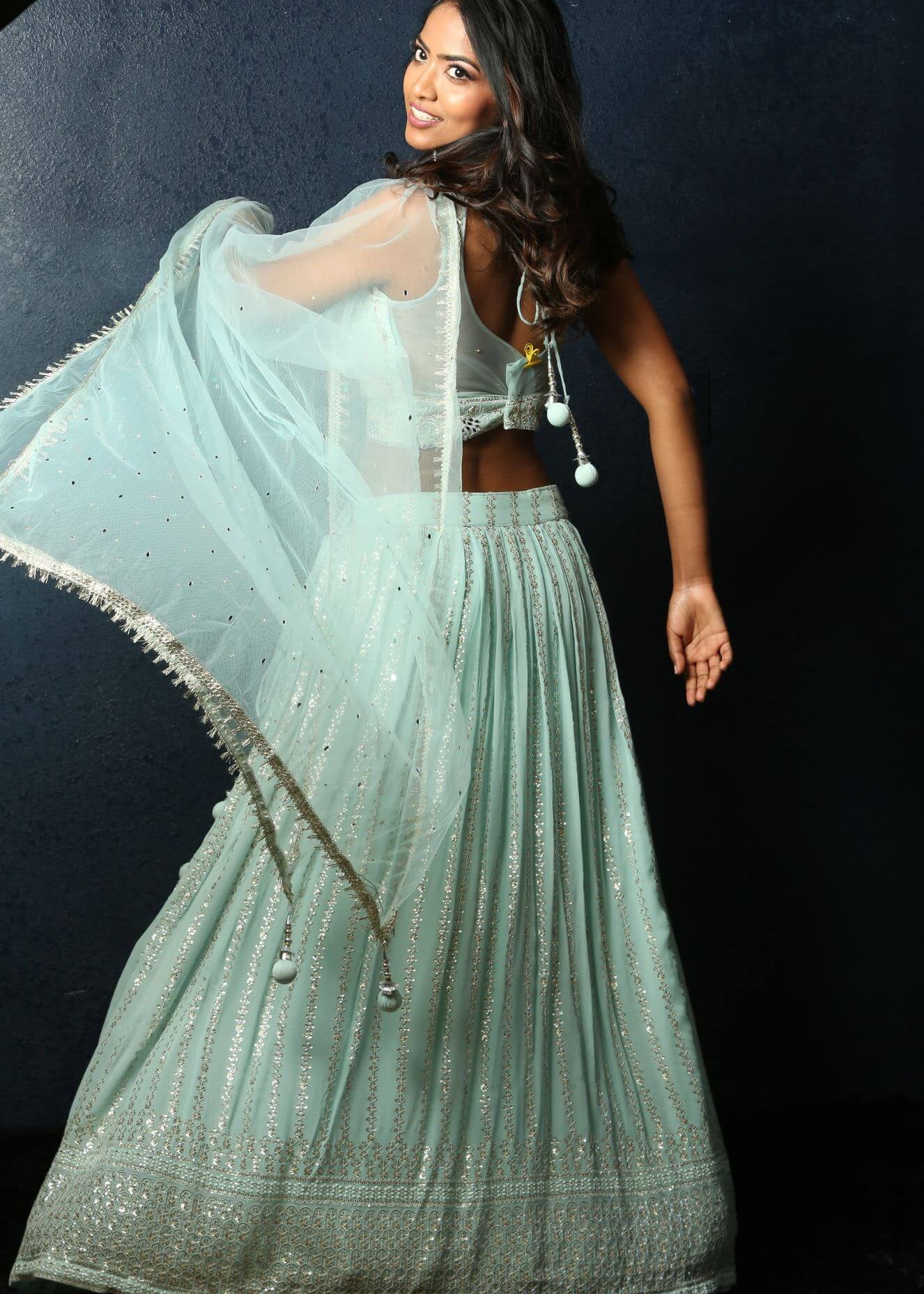 Light Blue Lehenga Choli Set with Mirror and Embroidery Work