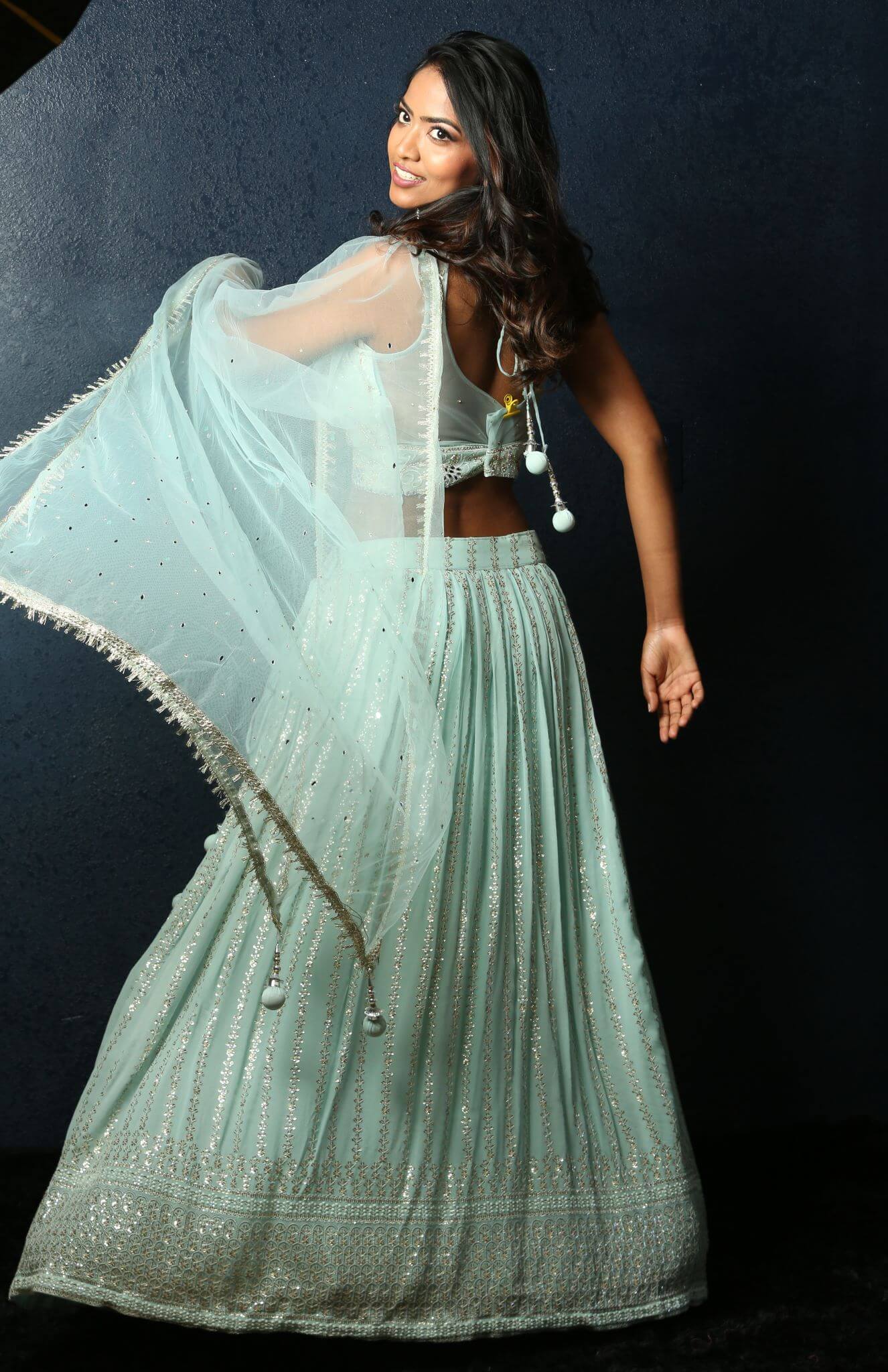 Light Blue Lehenga Choli Set with Mirror and Embroidery Work