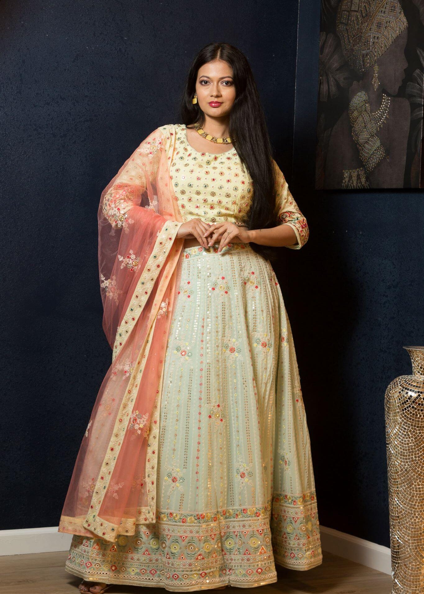 Mint Green Designer Lehenga Set with Floral Embroidery Work