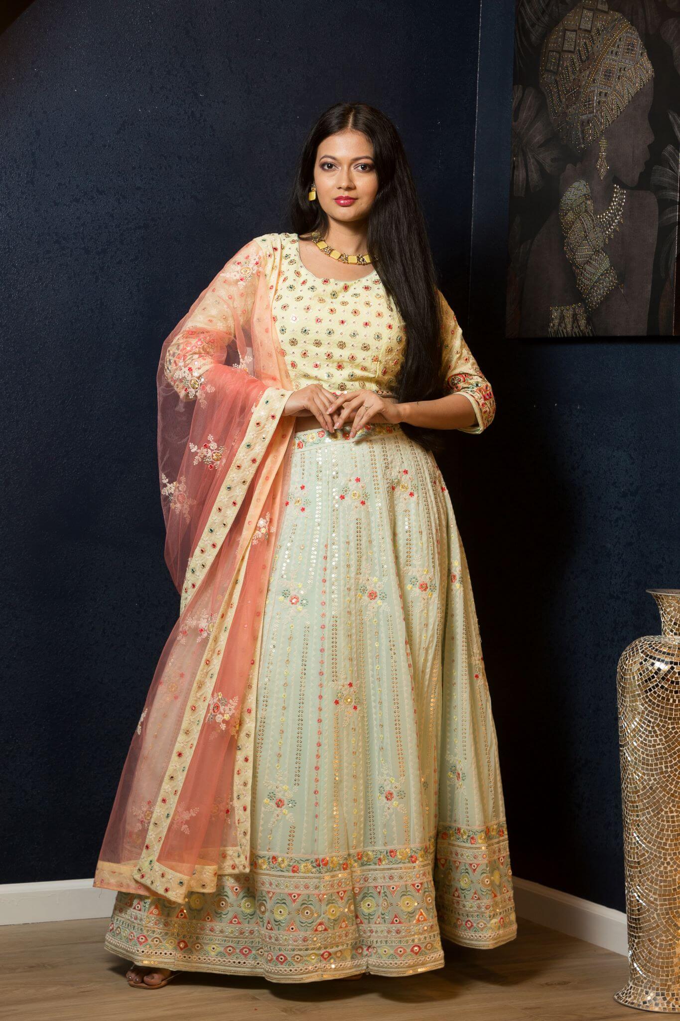 Mint Green Designer Lehenga Set with Floral Embroidery Work