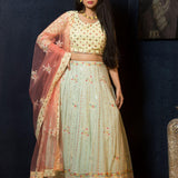 Mint Green Designer Lehenga Set with Floral Embroidery Work