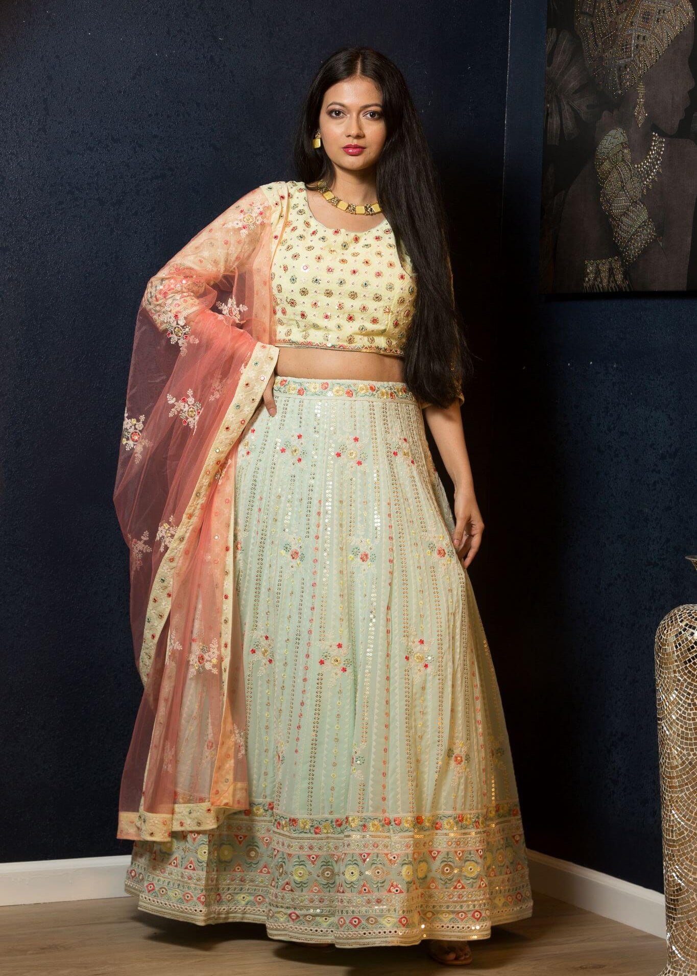 Mint Green Designer Lehenga Set with Floral Embroidery Work