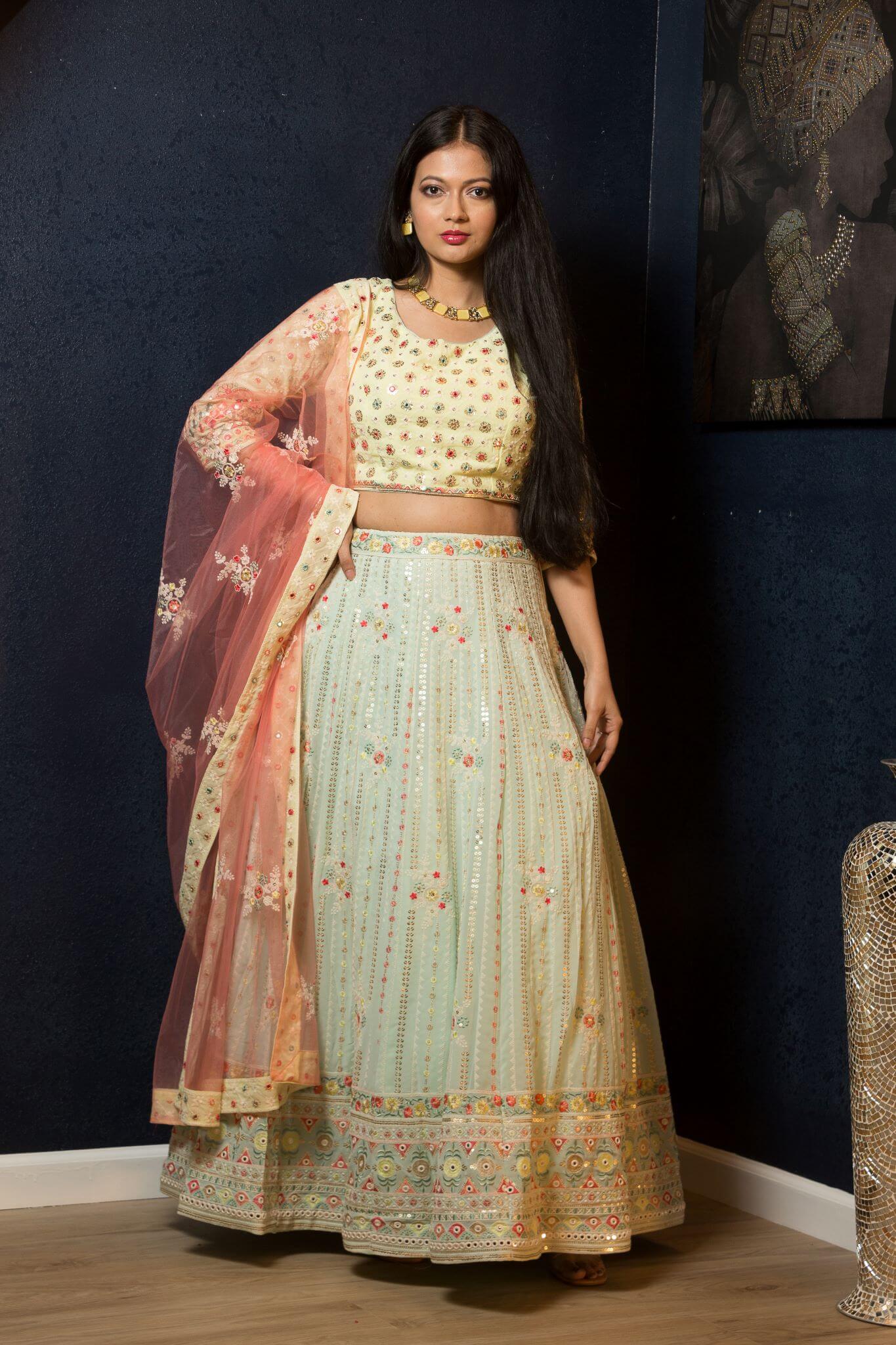 Mint Green Designer Lehenga Set with Floral Embroidery Work