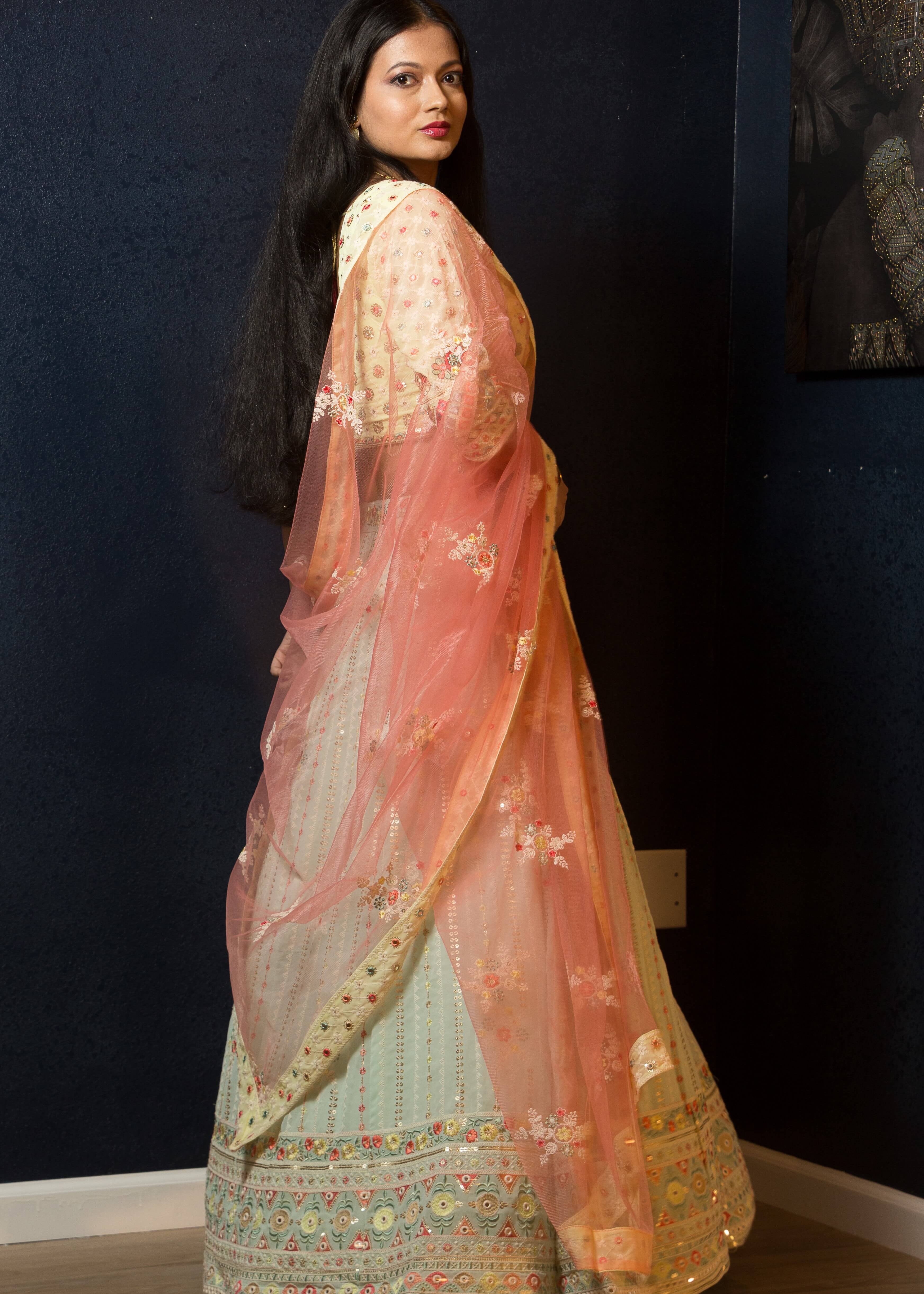 Mint Green Designer Lehenga Set with Floral Embroidery Work
