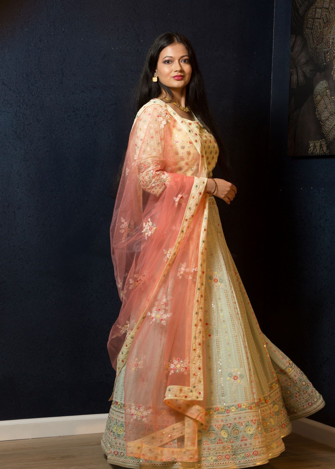 Mint Green Designer Lehenga Set with Floral Embroidery Work