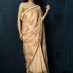 Soft Orange Floral Print Sequin Zari Organza Saree