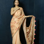 Soft Orange Floral Print Sequin Zari Organza Saree