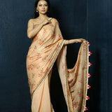 Soft Orange Floral Print Sequin Zari Organza Saree