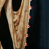 Soft Orange Floral Print Sequin Zari Organza Saree with Tassels in the Pallu