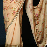 Soft Orange Floral Print Sequin Zari Organza Saree