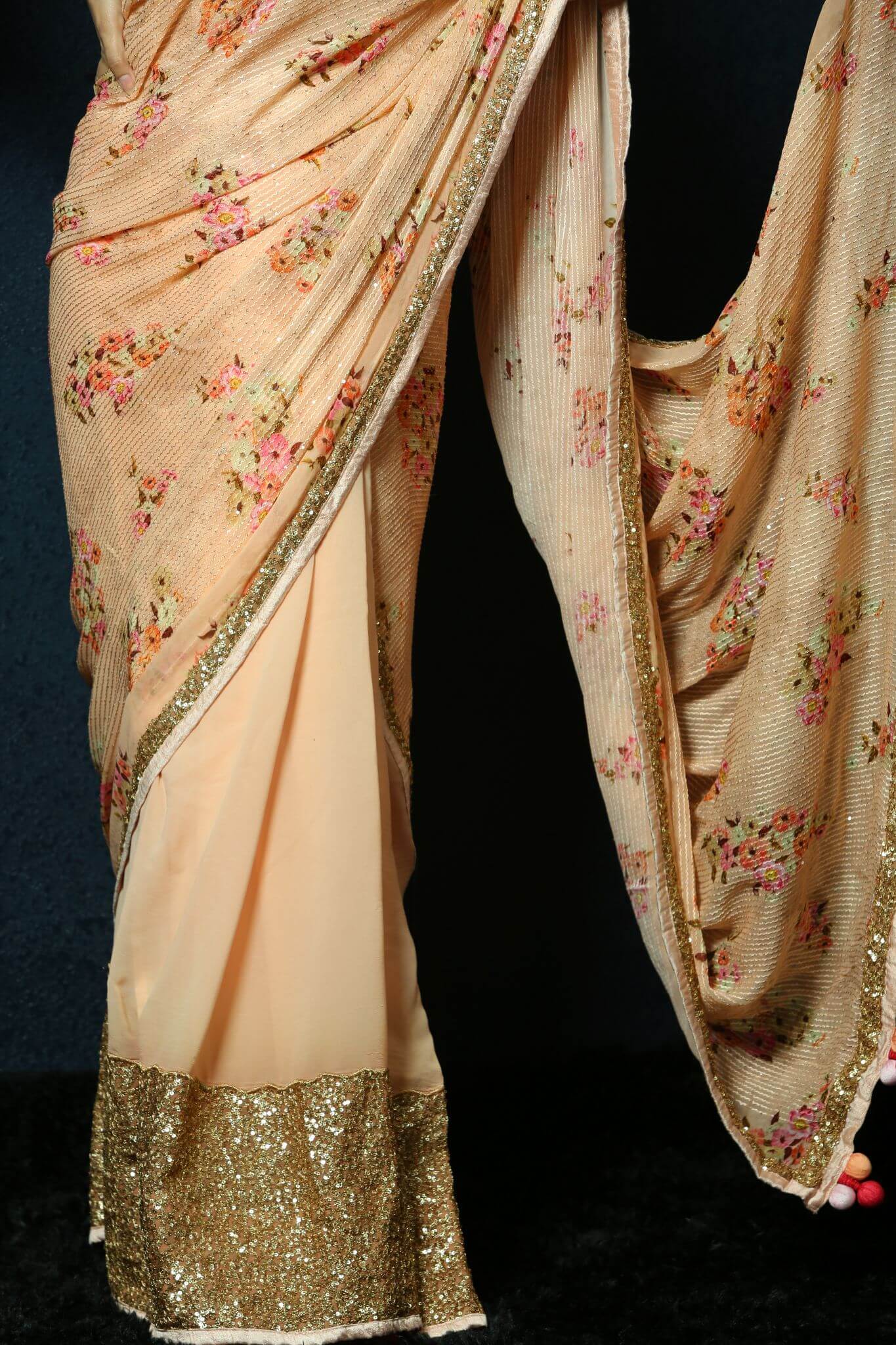 Soft Orange Floral Print Sequin Zari Organza Saree