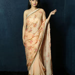 Soft Orange Floral Print Sequin Zari Organza Saree