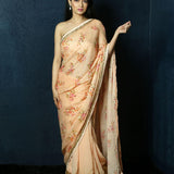 Soft Orange Floral Print Sequin Zari Organza Saree