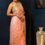 Pink Sequin Embroidered Net Saree with Floral Designs - Anvi Couture