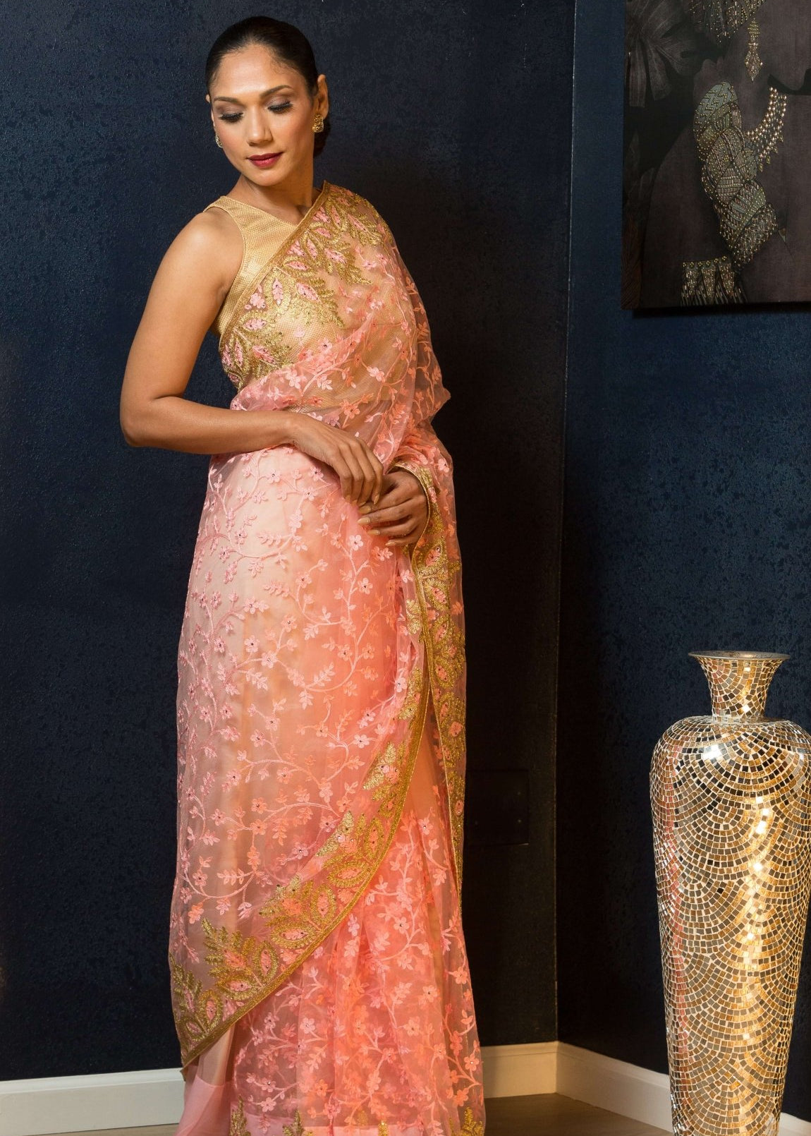 Pink Sequin Embroidered Net Saree with Floral Designs - Anvi Couture