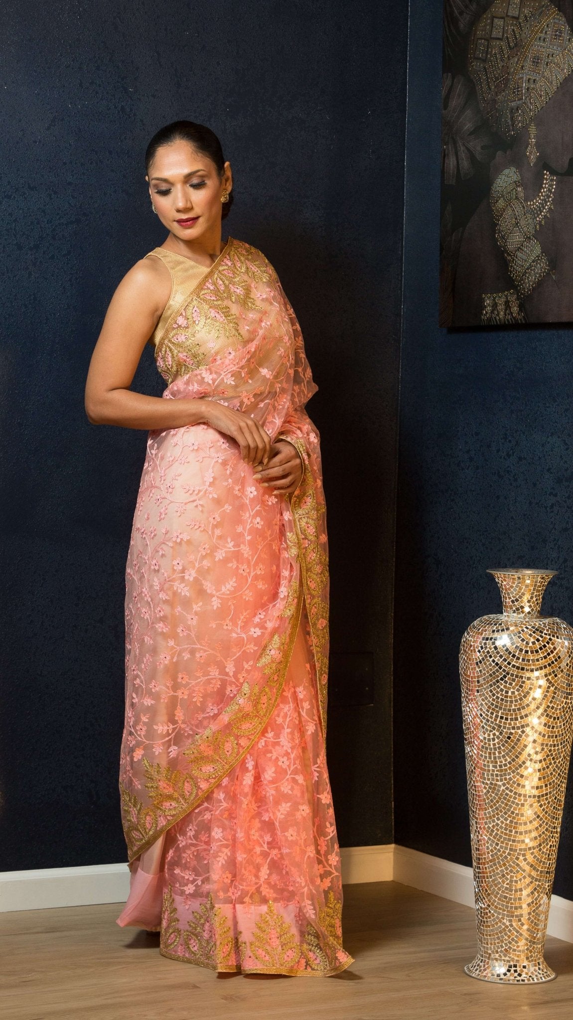 Pink Sequin Embroidered Net Saree with Floral Designs - Anvi Couture