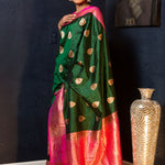 Green Katan Banarasi Silk Saree Embellished with Golden Floral Motifs and Pink Border - Anvi Couture