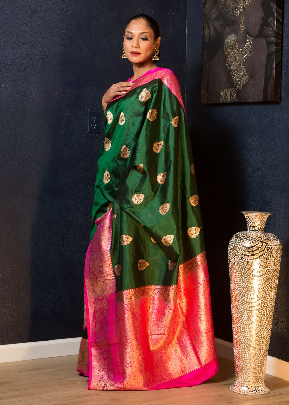 Green Katan Banarasi Silk Saree Embellished with Golden Floral Motifs and Pink Border - Anvi Couture