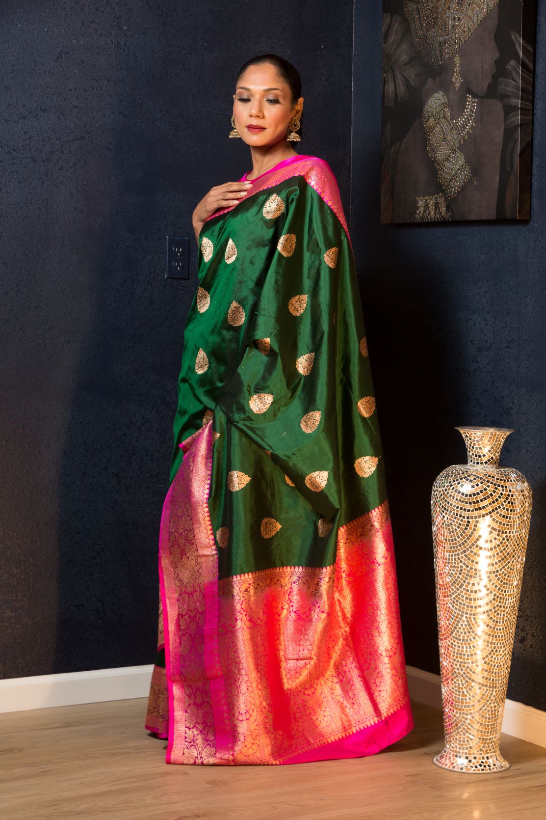 Green Katan Banarasi Silk Saree Embellished with Golden Floral Motifs and Pink Border - Anvi Couture