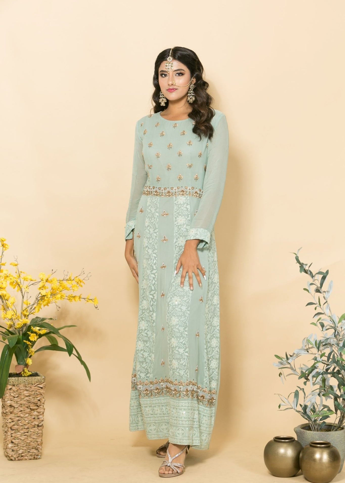 Green Two-Piece Embroidered Dress - Anvi Couture