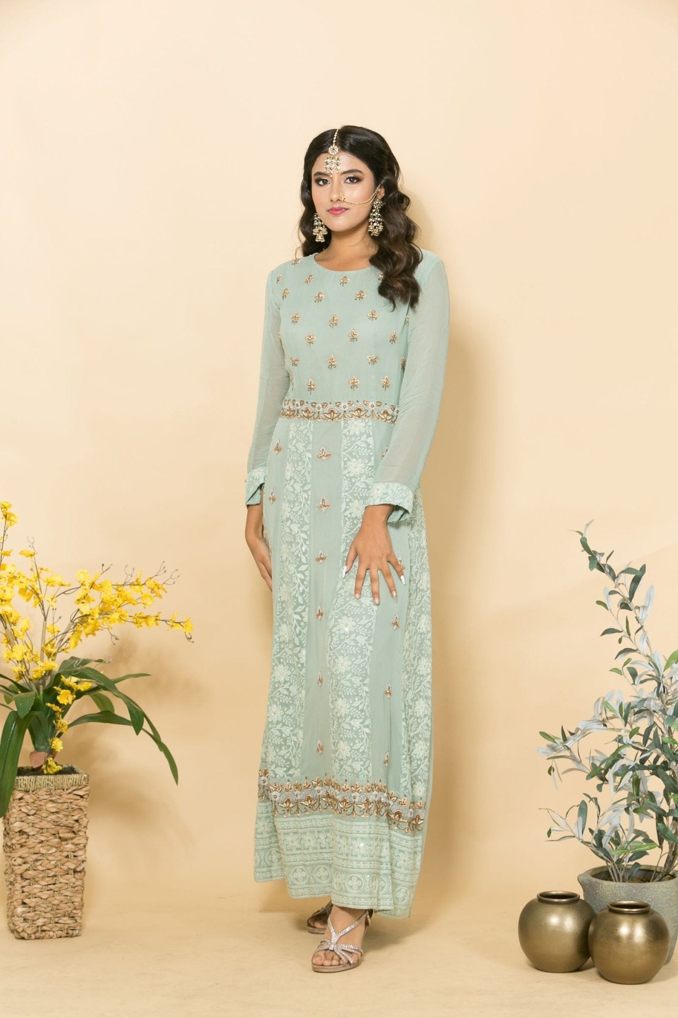 Green Two-Piece Embroidered Dress - Anvi Couture