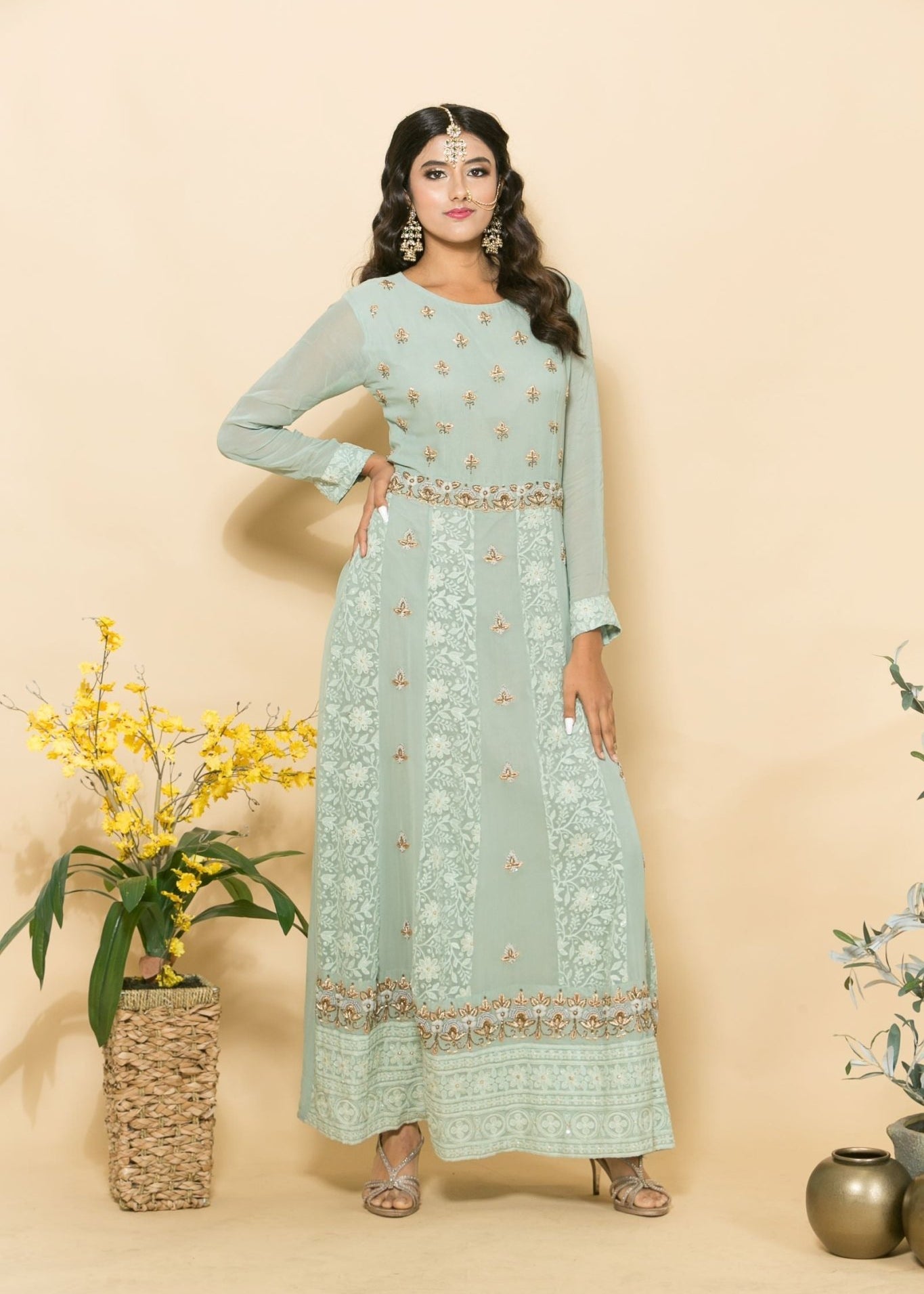 Green Two-Piece Embroidered Dress - Anvi Couture