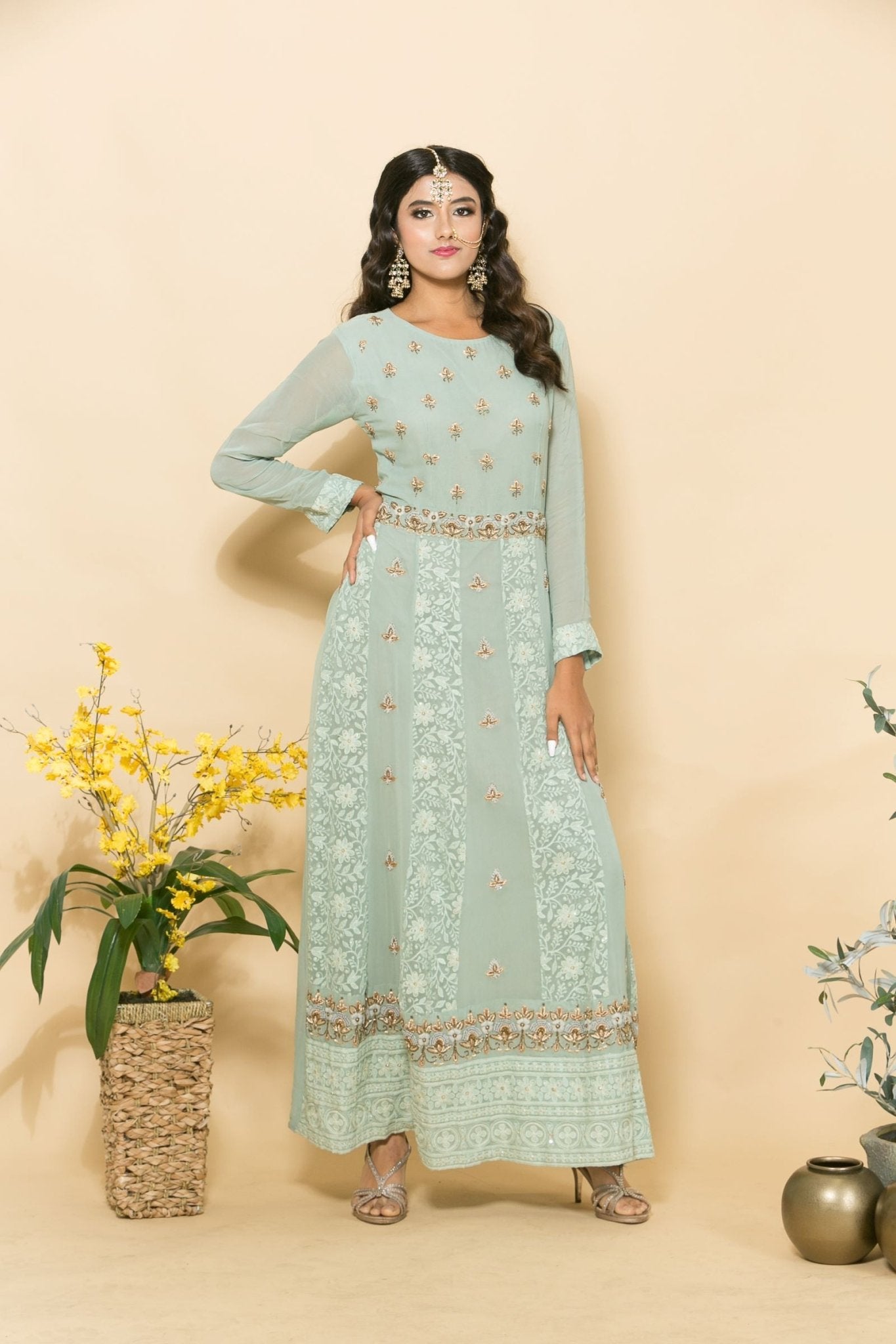 Green Two-Piece Embroidered Dress - Anvi Couture
